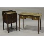 A late George III mahogany night cupboard, the gallery top above a pair of chequer inlaid doors