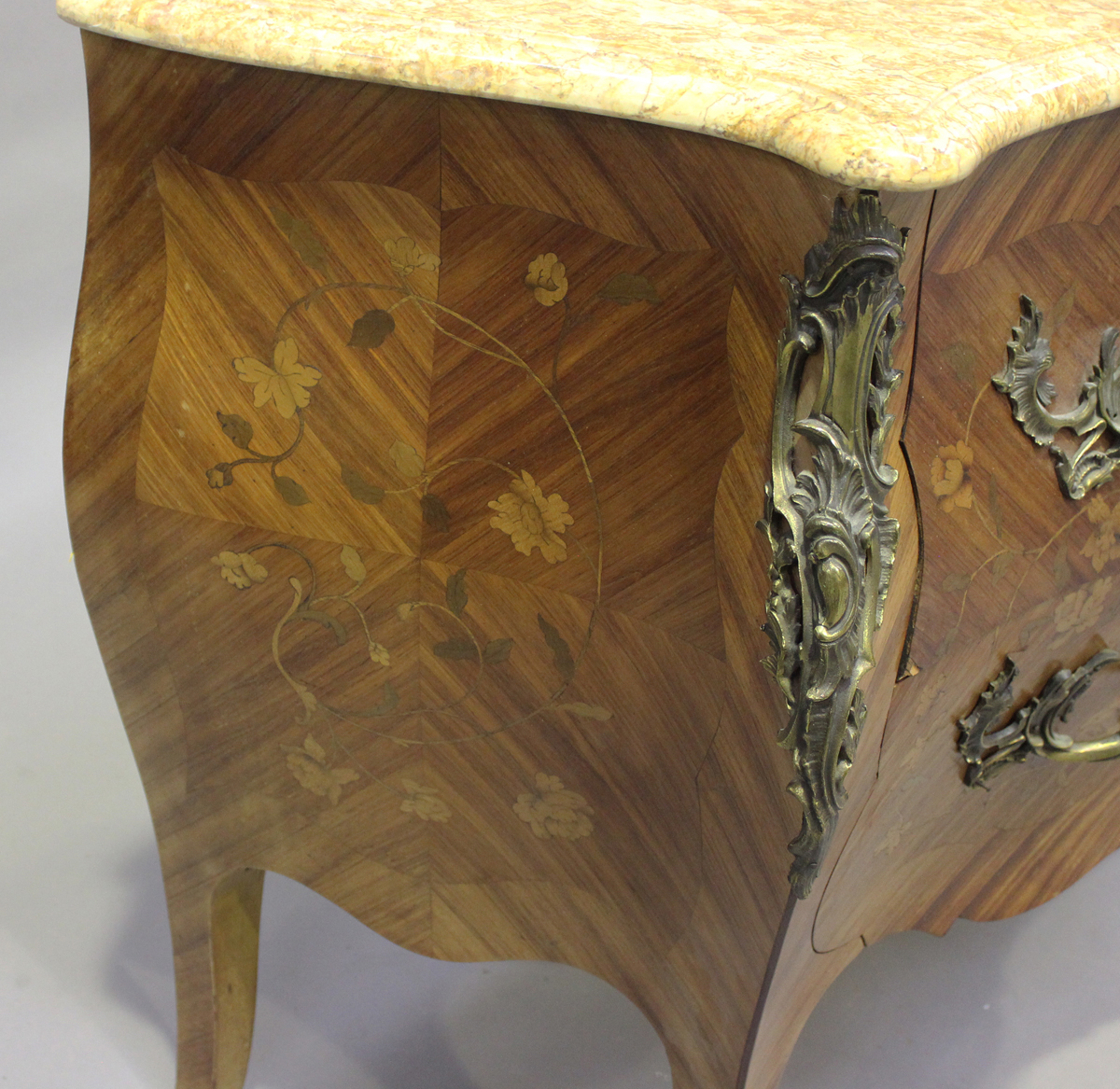 A 20th century French kingwood and foliate inlaid two-drawer bombé commode, the marble top above - Image 4 of 6