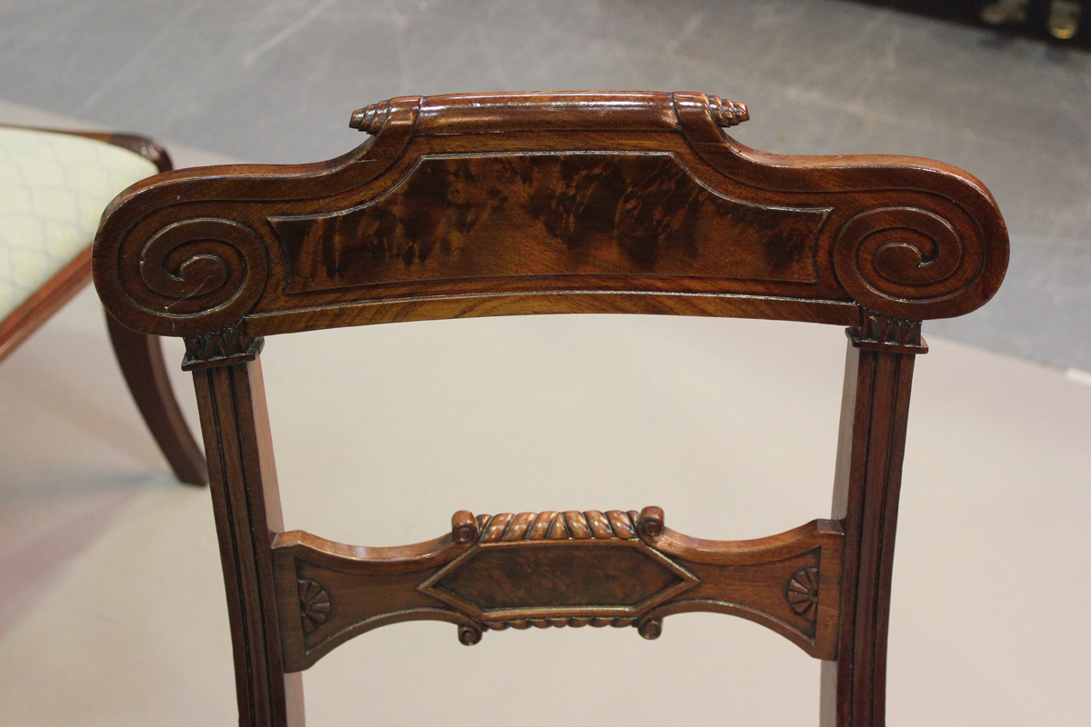 A set of eight Regency figured mahogany bar back dining chairs with carved scroll decoration and - Image 7 of 8