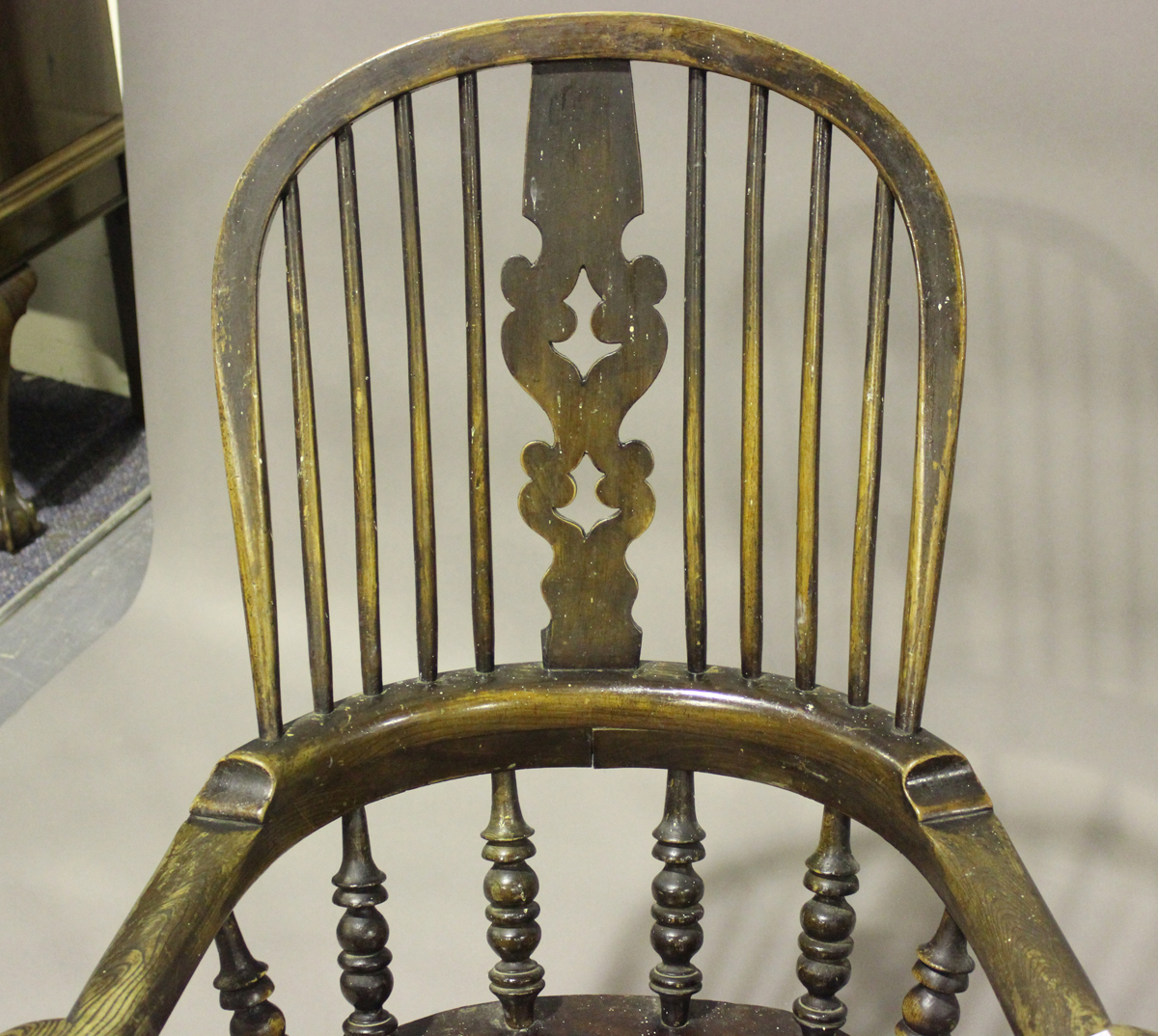 A near pair of Victorian ash and elm pierced splat back Windsor rocking armchairs with shaped hand - Image 3 of 5