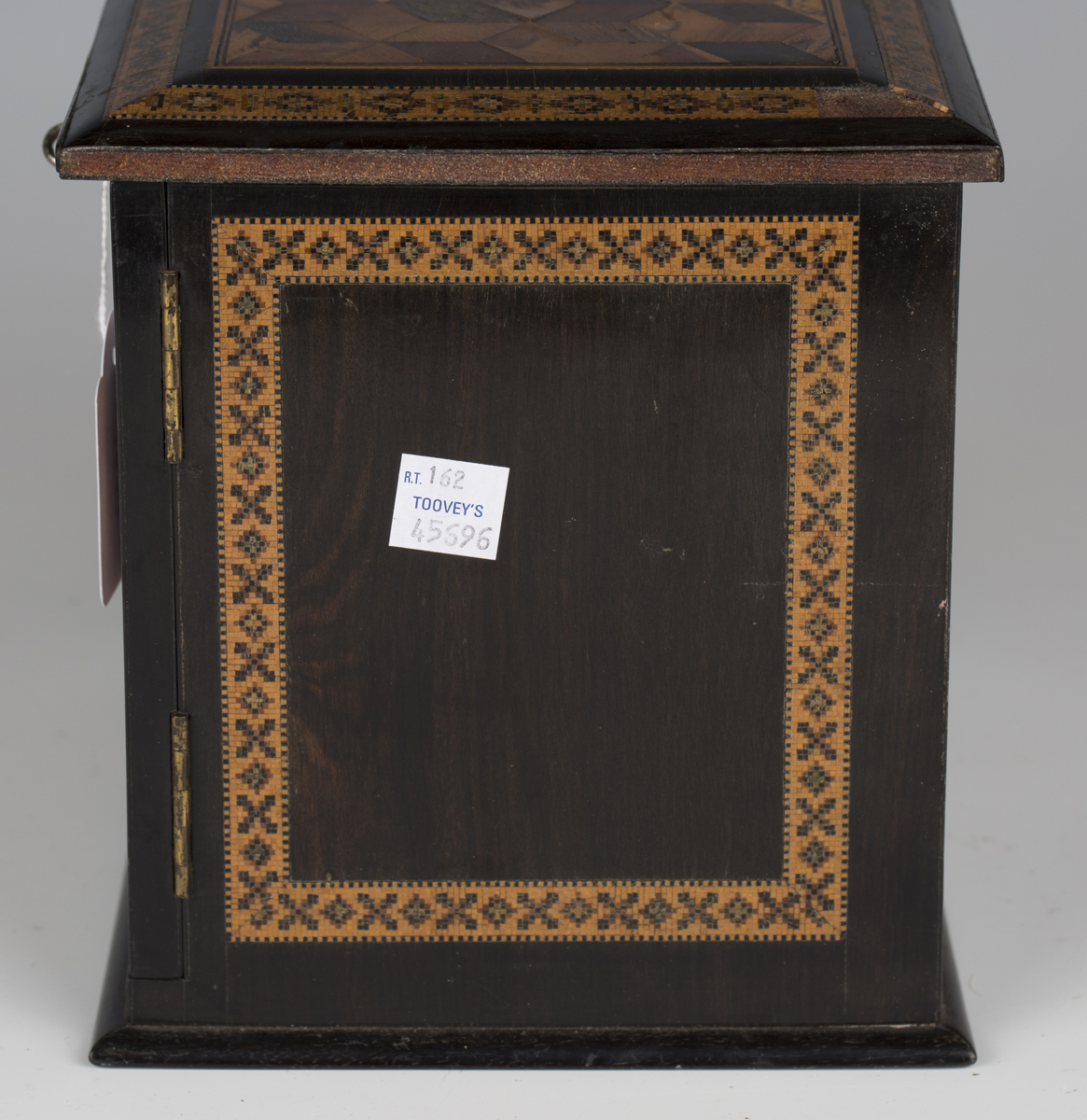 A Victorian Tunbridge ware table-top needlework cabinet, the top and two doors with specimen wood - Image 4 of 12