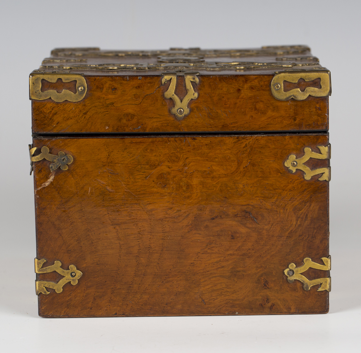 A Victorian Gothic Revival pollard oak and brass mounted jewellery casket, the hinged lid - Image 5 of 8