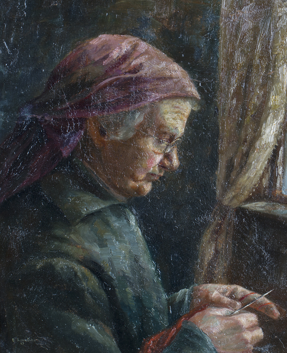 E. Kowolski - Elderly Lady knitting, late 19th/early 20th century oil on canvas, signed, 31cm x - Image 5 of 5