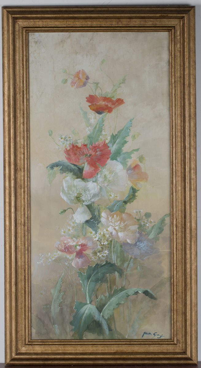 Abbott Graves - Poppies, watercolour and gouache on silk, signed, 93.5cm x 43cm, within a gilt - Image 7 of 7