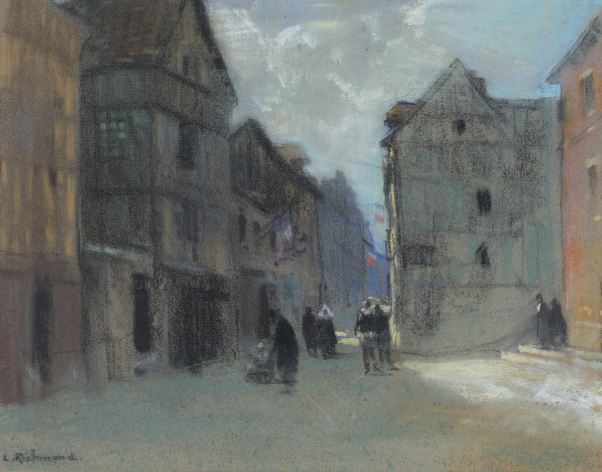 Leonard Richmond - 'A Street in Rouen, France', charcoal and pastel, signed recto, titled exhibition