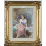 Henry Whatley - Classical Woman seated beside a Fountain, watercolour with gouache, signed and dated