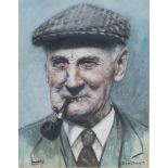 John A. Blakey - Head and Shoulders Portrait of a Man wearing a Flat Cap and with Clenching a Pipe