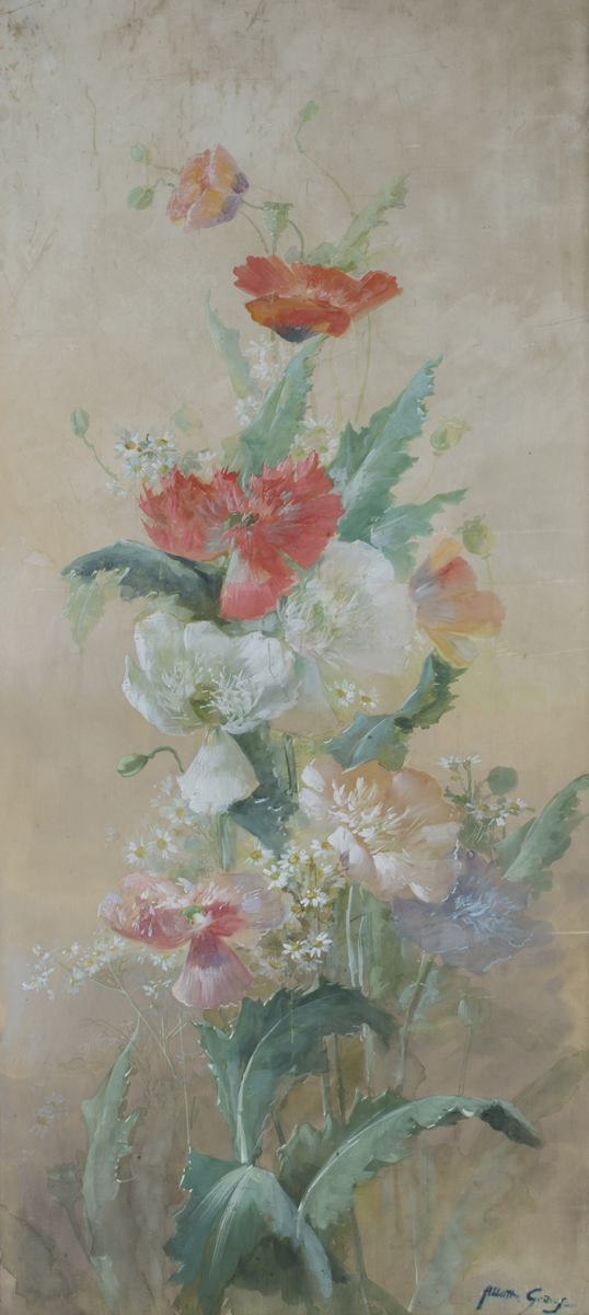 Abbott Graves - Poppies, watercolour and gouache on silk, signed, 93.5cm x 43cm, within a gilt