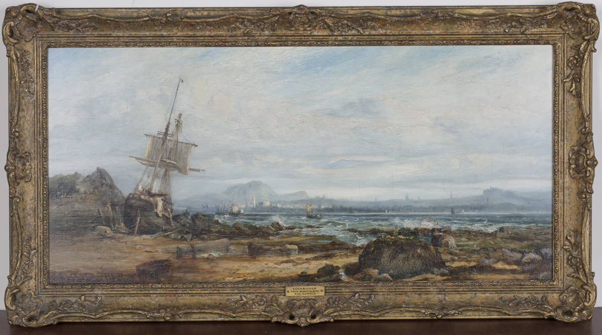 F.H. Oswald - 'Edinburgh from Burntisland', oil on panel, signed and dated 1869 recto, titled and