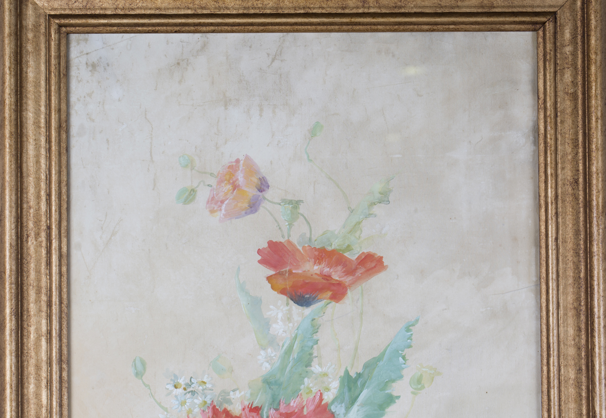 Abbott Graves - Poppies, watercolour and gouache on silk, signed, 93.5cm x 43cm, within a gilt - Image 6 of 7