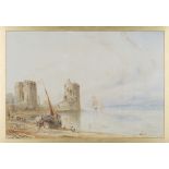 William Joseph Bond - View of a Ruined Castle with Beached Boat and Figures Swimming at the Water'