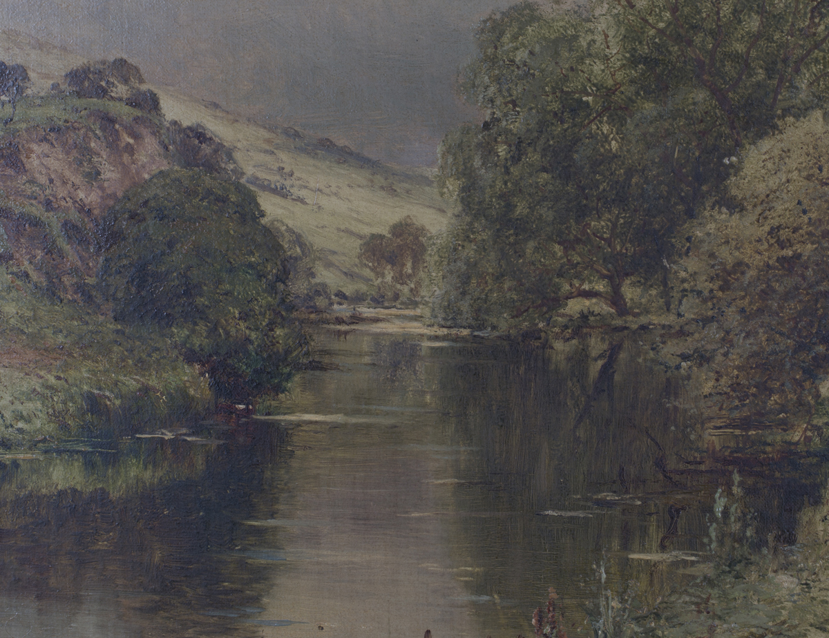 John Adams Whipple - View along a River, oil on canvas, signed, 64.5cm x 49cm, within a gilt frame. - Image 5 of 6