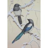 Noël Hopking - Two Magpies on Snowy Branches, mid-20th century watercolour with gouache, signed,