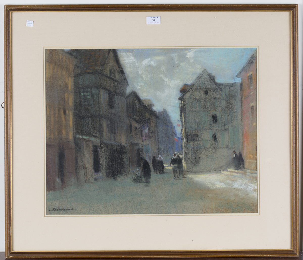 Leonard Richmond - 'A Street in Rouen, France', charcoal and pastel, signed recto, titled exhibition - Image 6 of 6