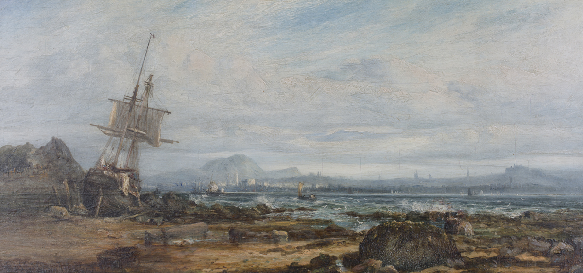 F.H. Oswald - 'Edinburgh from Burntisland', oil on panel, signed and dated 1869 recto, titled and - Image 6 of 6