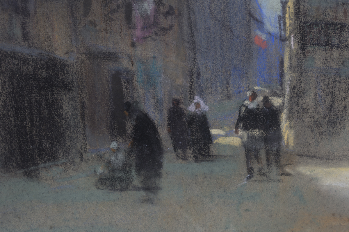 Leonard Richmond - 'A Street in Rouen, France', charcoal and pastel, signed recto, titled exhibition - Image 4 of 6