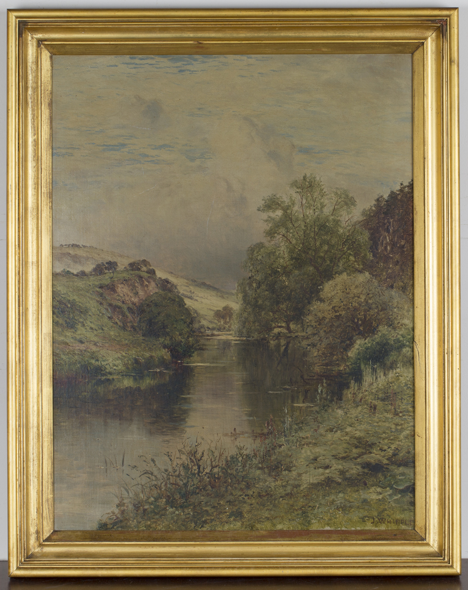 John Adams Whipple - View along a River, oil on canvas, signed, 64.5cm x 49cm, within a gilt frame.