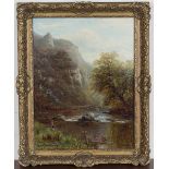 William Mellor - 'View in Dovedale' (Angler on the Bank of a River), late 19th century oil on
