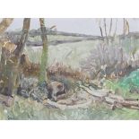 Alexander Goudie - Figure gathering Chopped Wood in a Landscape, oil on canvas-board, signed