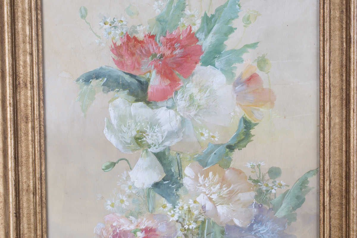 Abbott Graves - Poppies, watercolour and gouache on silk, signed, 93.5cm x 43cm, within a gilt - Image 5 of 7