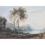 John Varley - Capriccio View with Castle and Bridge in the distance, early 19th century watercolour,