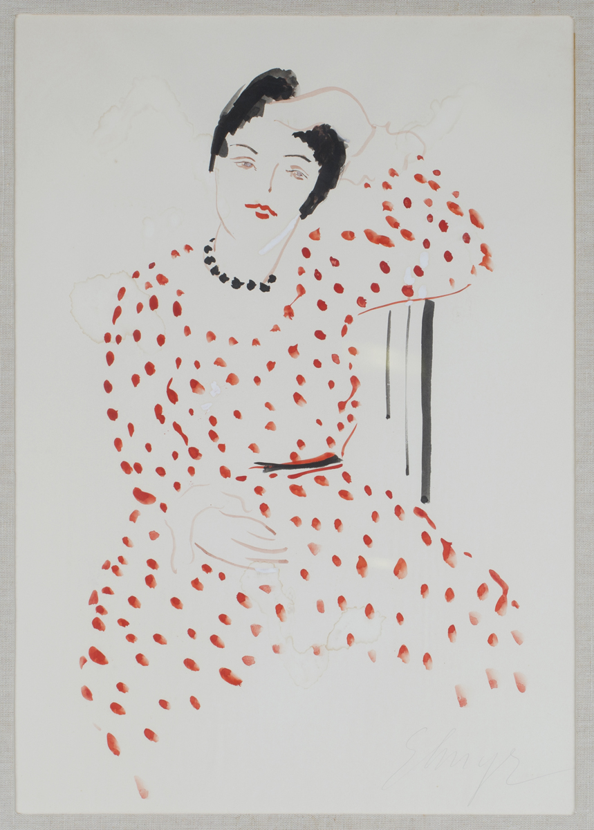 Elmyr de Hory - Homage to Henri Matisse with a Lady wearing a Red Polka Dot Dress, watercolour,