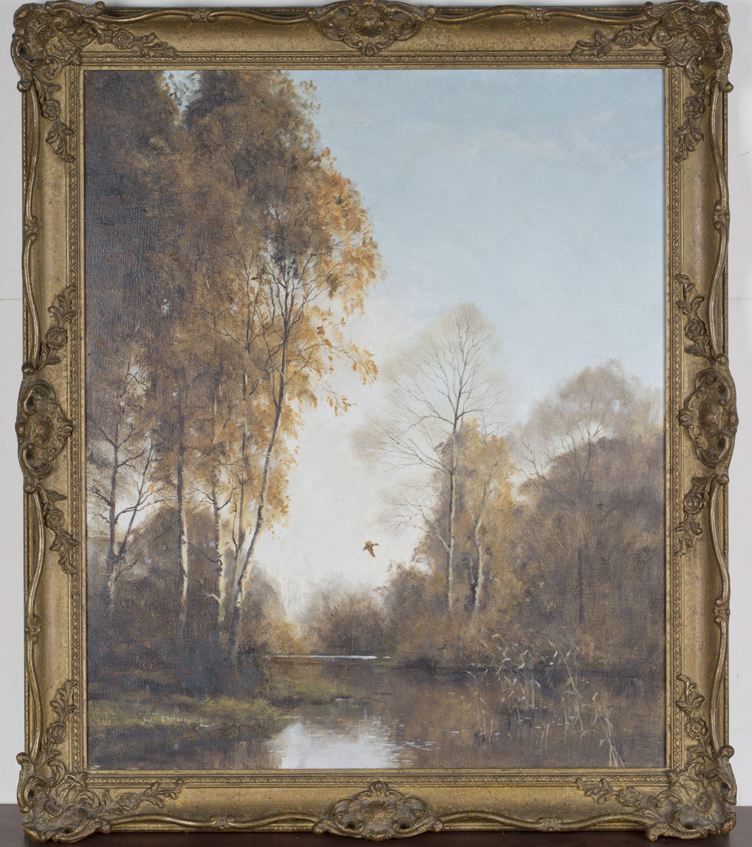 Walter Robert Jennings - Autumnal View with Duck flying above a River, late 20th century oil on - Image 5 of 5