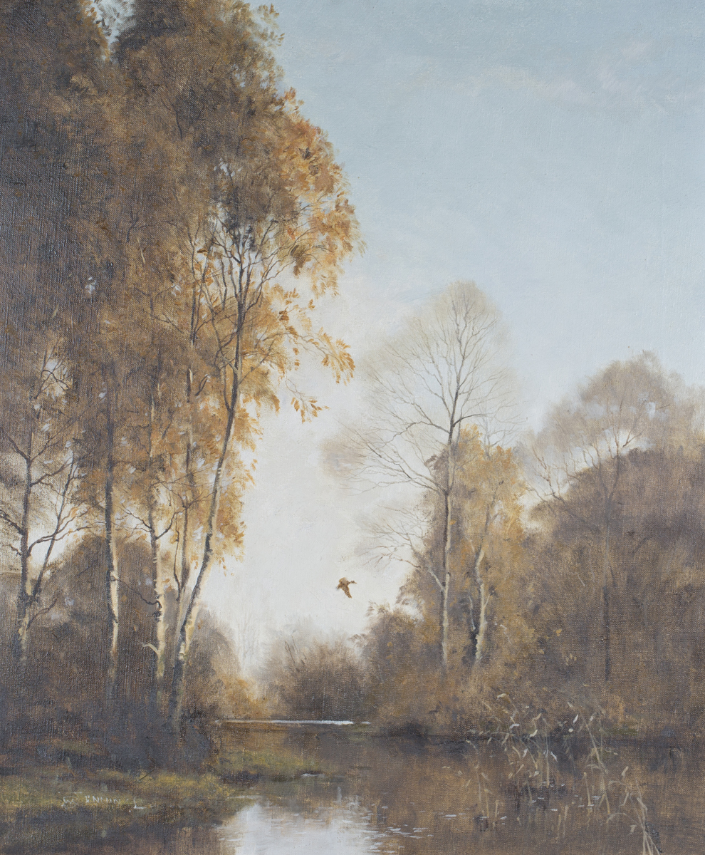 Walter Robert Jennings - Autumnal View with Duck flying above a River, late 20th century oil on