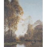 Walter Robert Jennings - Autumnal View with Duck flying above a River, late 20th century oil on
