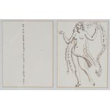 Laura Knight - Christmas Card Design with Female Nude holding a Scroll, two panel pen and ink,