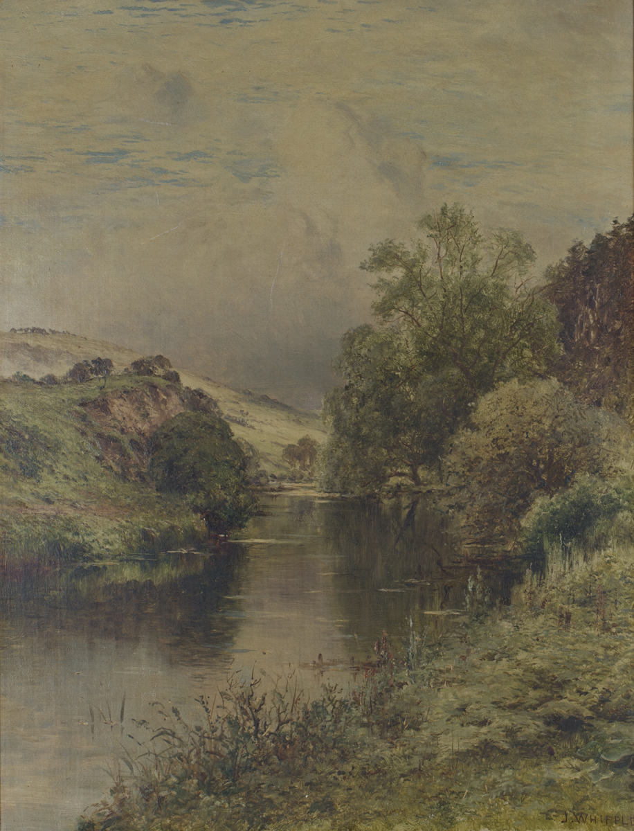 John Adams Whipple - View along a River, oil on canvas, signed, 64.5cm x 49cm, within a gilt frame. - Image 6 of 6