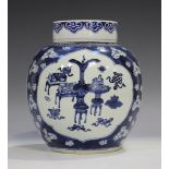 A Chinese blue and white porcelain ginger jar and cover, Kangxi period, painted with panels of