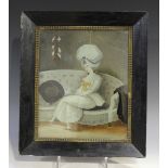 A Chinese export reverse painting on glass, 19th century, depicting a young lady seated on a settee,