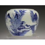 A Chinese blue and white porcelain jardinière, the bulbous body painted with a mountainous coastal