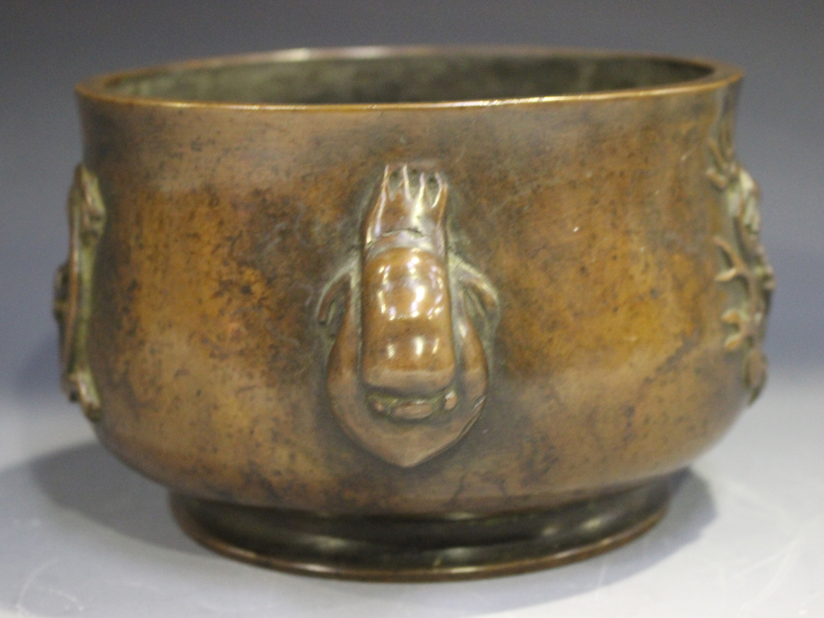 A Chinese brown patinated bronze bombé censer, the body cast in relief with opposing dragons, - Image 6 of 8