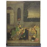 An Indian oil on canvas, modern, depicting a scene of a prince and his consort seated on a