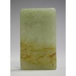 A Chinese jade rectangular tablet pendant, 20th century, one side carved in low relief with a sage