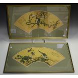 Three Chinese fan-shaped paintings, 20th century, each depicting a bird or two birds beside