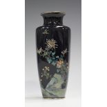 A Japanese silver wire inlaid cloisonné vase, Meiji period, of shouldered square tapering form,