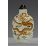 A Chinese porcelain snuff bottle, 20th century, of flattened rounded form, each side painted