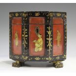 A Chinese Canton red and black lacquer octagonal tea caddy and hinged cover, 19th century, decorated