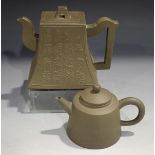 A Chinese Yixing stoneware teapot and cover, 20th century, of rectangular bell form, one side