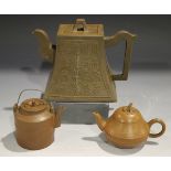 A Chinese Yixing stoneware teapot and cover, 20th century, of rectangular bell form, one side