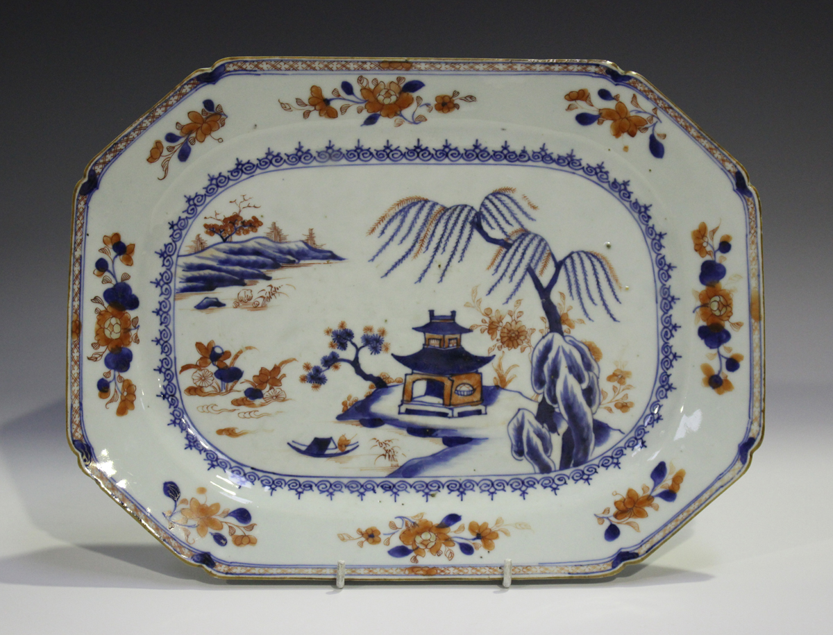 A Chinese Imari export porcelain meat dish, Qianlong period, painted with a pavilion on an island