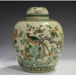 A Chinese famille verte crackle glazed porcelain ginger jar and cover, late Qing dynasty, painted