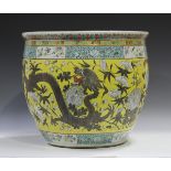 A large Chinese Empress Dowager Cixi style yellow ground porcelain fish bowl, Guangxu period, the