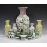 A Chinese famille rose porcelain vase, mid-20th century, painted with ornamental pheasants, red-