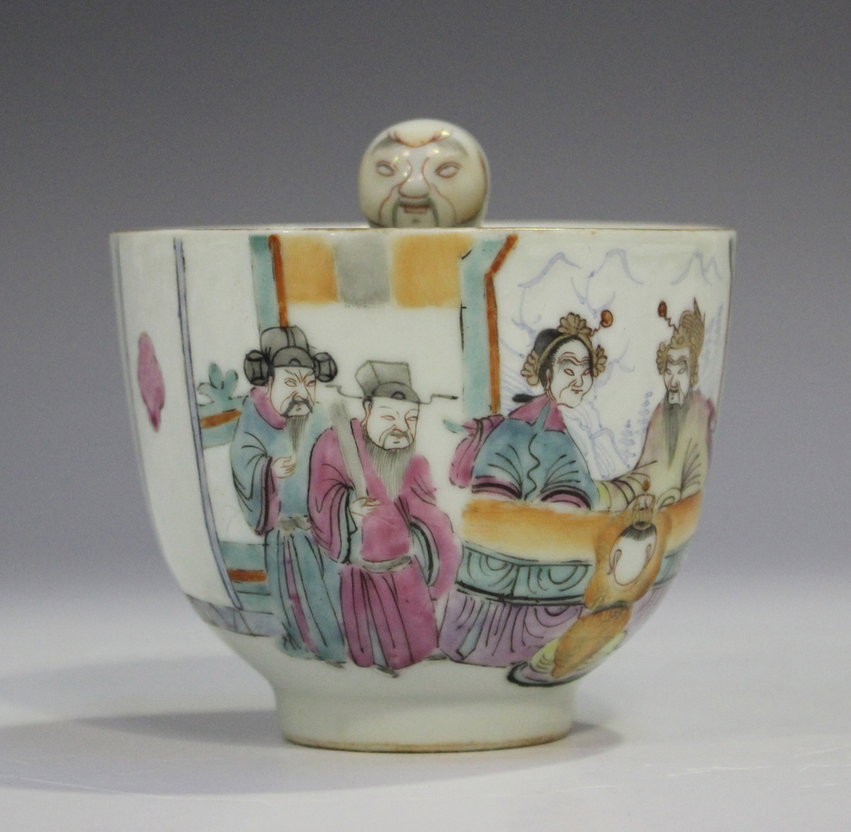 A Chinese famille rose porcelain bowl with integral 'pop-up' figure, mark of Tongzhi but probably
