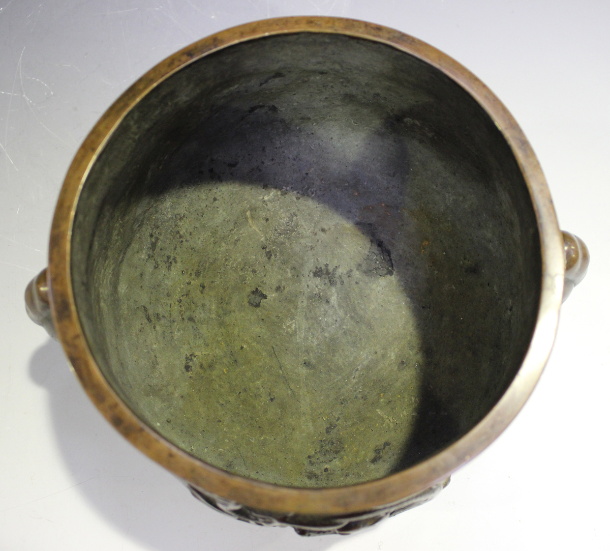 A Chinese brown patinated bronze bombé censer, the body cast in relief with opposing dragons, - Image 4 of 8