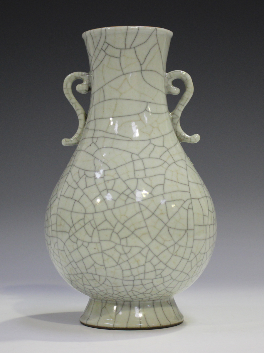 A Chinese Guan-type crackle glazed stoneware vase, probably 20th century, the pear-shaped body